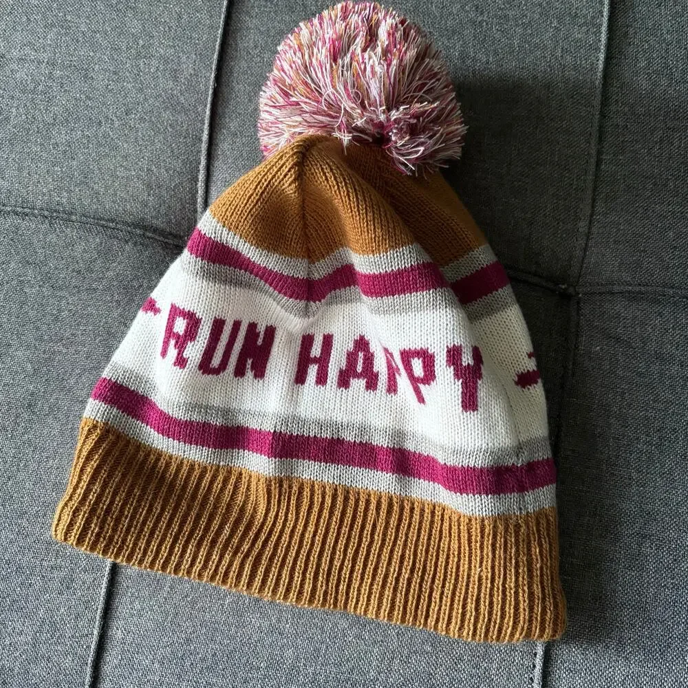 Brooks Run Happy Heritage Pom Beanie Brown & Burgundy Fleece Lined Winter Hat